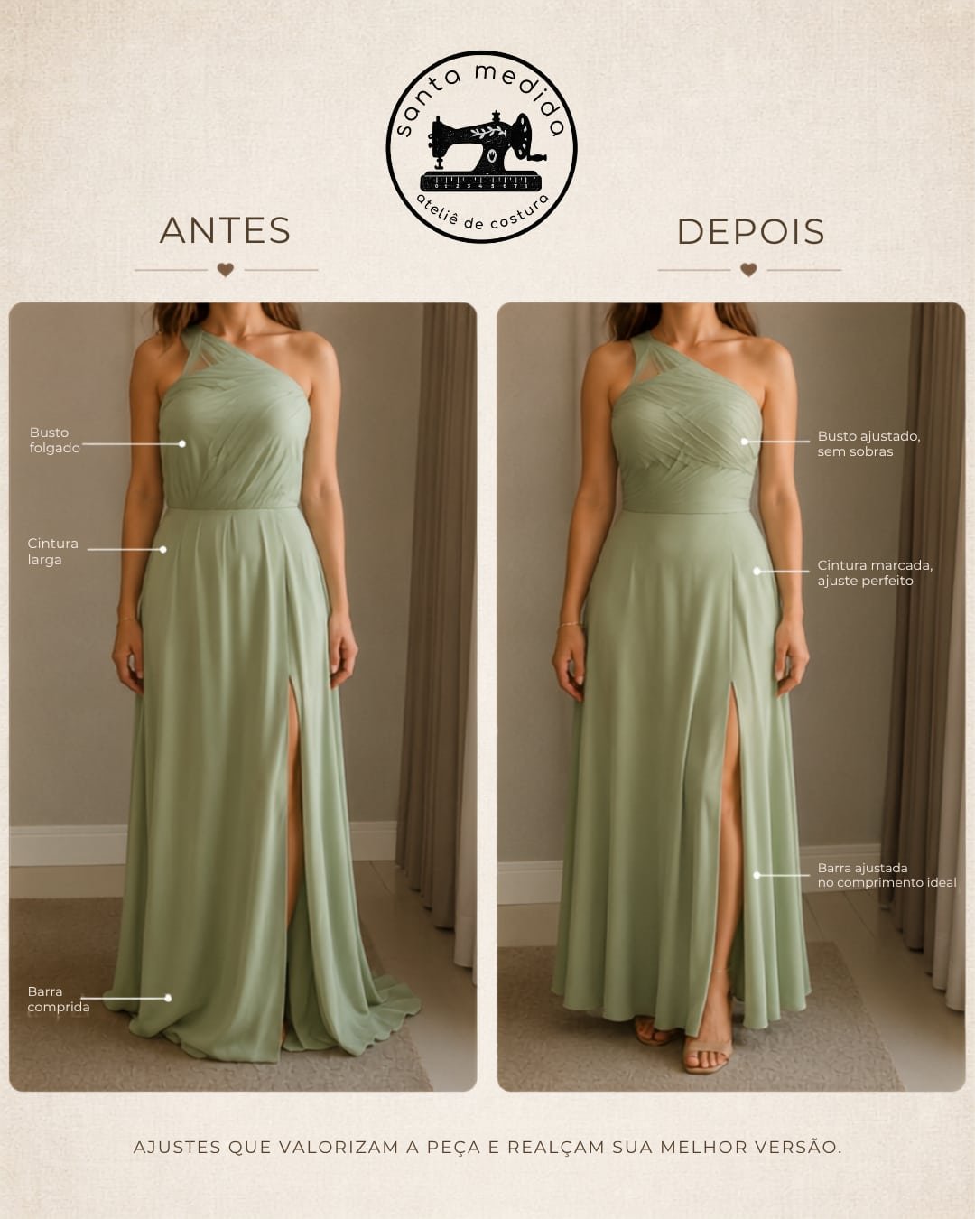 Antes e depois do ajuste de um vestido longo verde: busto, cintura e comprimento