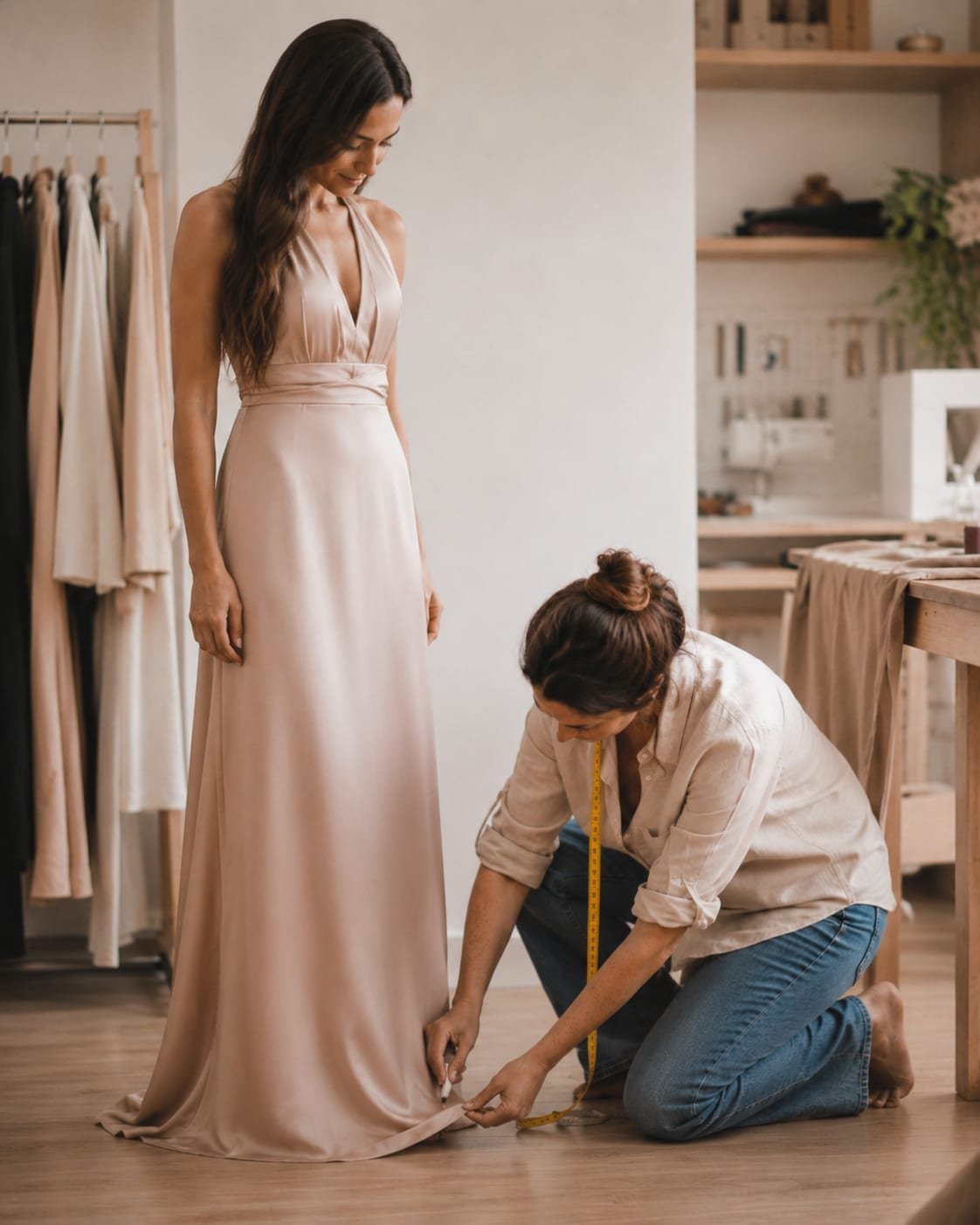 Costureira ajustando a barra de um vestido de festa no ateliê Santa Medida